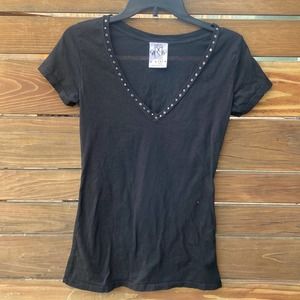 Royal Plush Rhinestone V Neck Tee - L